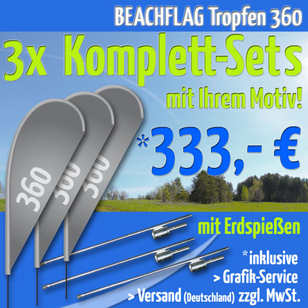 3er Set BEACHFLAG Tropfen 360 inkl. Stange L, Erdspieß mit Rotator und Grafik-Service