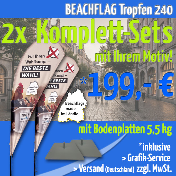 2er Set BEACHFLAG Tropfen 240 inkl. Stange S, Bodenplatte 5.5 GRAU mit Rotator und Grafik-Service