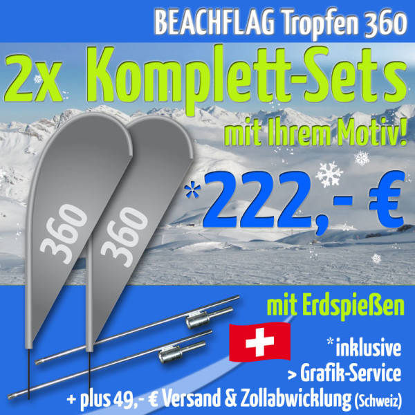2er Set BEACHFLAG Tropfen 360 inkl. Fahne, Stange L, Erdspieß mit Rotator und Grafik-Service