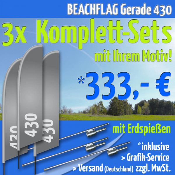 3er Set BEACHFLAG Gerade 430 inkl. Stange L, Erdspieß mit Rotator und Grafik-Service