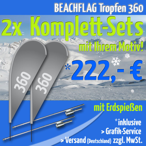 2er Set BEACHFLAG Tropfen 360 inkl. Stange L, Erdspieß mit Rotator und Grafik-Service