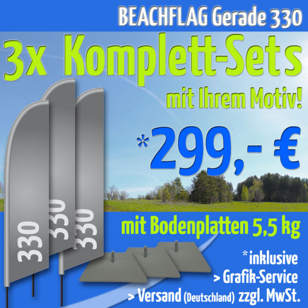 3er Set BEACHFLAG Gerade 330 inkl. Stange M, Bodenplatte 5.5 und Grafik-Service